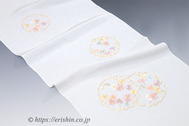 帯揚げ(雪輪小花・刺繍/白花色・縮緬)