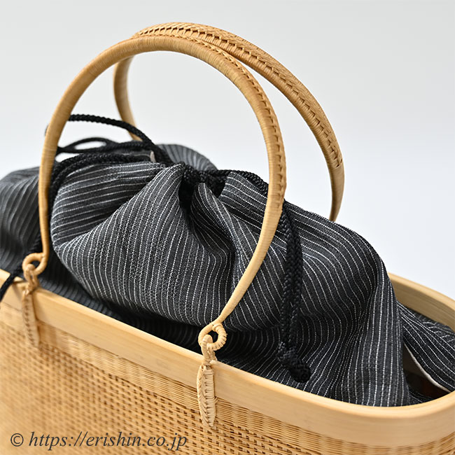 竹籠バッグ（墨色麻巾着付き）和小物さくら（KOMKRIT工房）『着物 