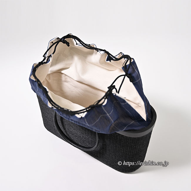竹籠バッグ（白格子藍色麻巾着付き/黒檀色）和小物さくら（KOMKRIT工房
