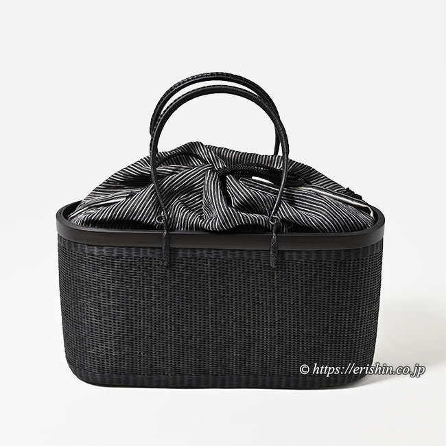 竹籠バッグ(墨黒白縞麻巾着付き/黒檀色)和小物さくら(KOMKRIT工房 竹籠バッグ(墨黒白縞麻巾着付き/黒檀色)和小物さくら(KOMKRIT工房