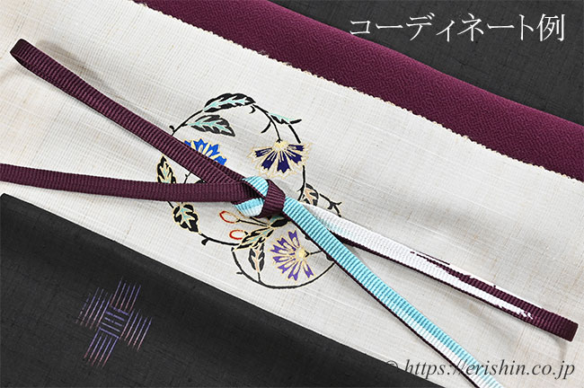 帯締め 綾竹組(三色暈かし/淡浅葱色×葡萄茶×白)のコーディネート例