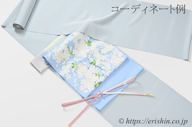 小紋(しけ引き・霞/薄秘色色)と染名古屋帯のコーディネート例