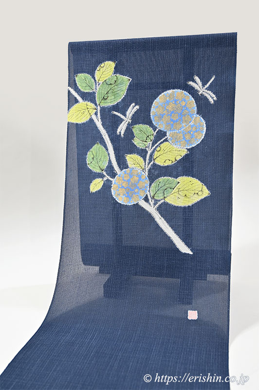 お誂え】森健持 染名古屋帯（紫陽花に蜻蛉・辻ケ花/紬）[夏・単衣向]森