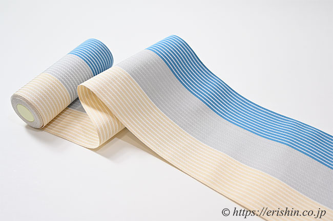 博多半幅帯（麻絹/三色縞・縹×灰×薄砥粉色）-呉服えり新 《 趣味のきもの えり新 》