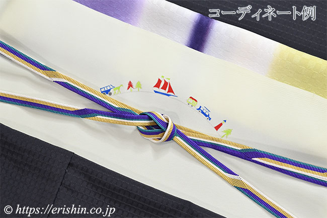 帯揚げ(三色段 幾何市松地紋/深紫×藤紫×黄蘗色)のコーディネート例