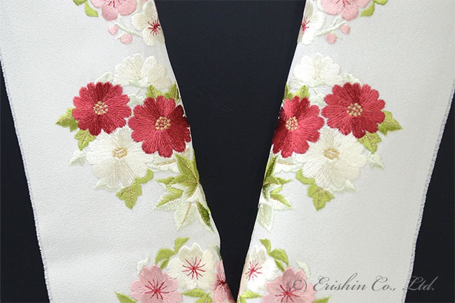 刺繍半襟（四季花丸紋・彩色/白地） No.1加藤萬『着物・呉服えり新』