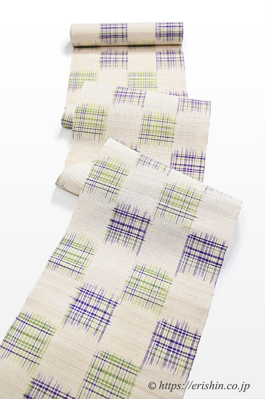 ◆夏帯単衣夏帯◆未使用同然◆変わり組織◆八寸名古屋帯◆松葉仕立て◆378.5㎝ 単衣紬格子織、夏帯 麻絹混合松葉仕立て 八寸名古屋帯