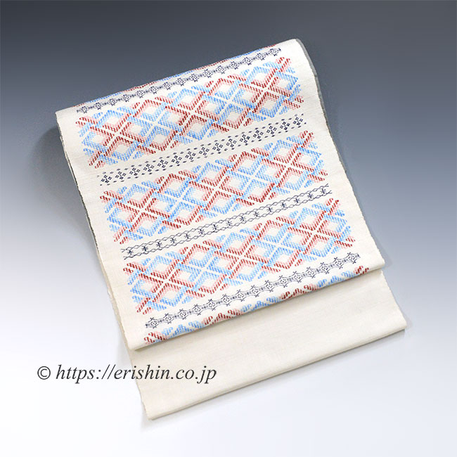 九寸織名古屋帯 読谷山花織 菱繋ぎ横段 六通柄 着物 呉服えり新