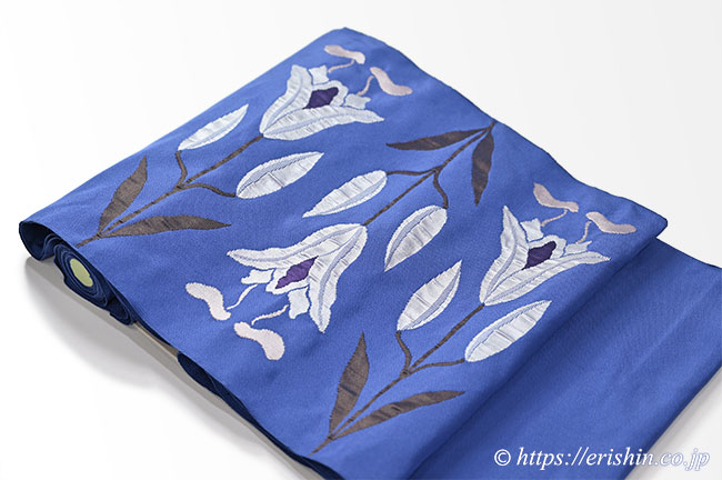 貴重大型ゴブラン織 洛風林 九寸織名古帯（百合文/群青色）洛風林『着物・呉服えり新』