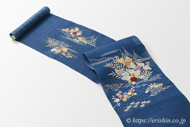 多ち花 染名古屋帯（御所解き/青藍・生紬）多ち花『着物・呉服えり新』