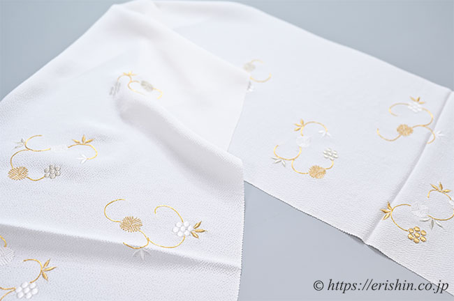 帯揚げ(天神唐草・刺繍/白地に金銀・縮緬)