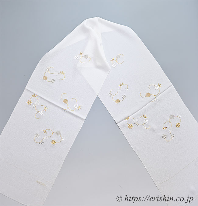 帯揚げ(天神唐草・刺繍/白地に金銀・縮緬)
