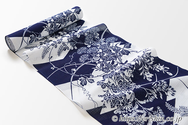 竺仙/ちくせん 綿絽白地浴衣(松皮菱取りに秋草)竺仙『着物・呉服えり新』 竺仙/ちくせん 綿絽白地浴衣(松皮菱取りに秋草)竺仙『着物・呉服えり新』
